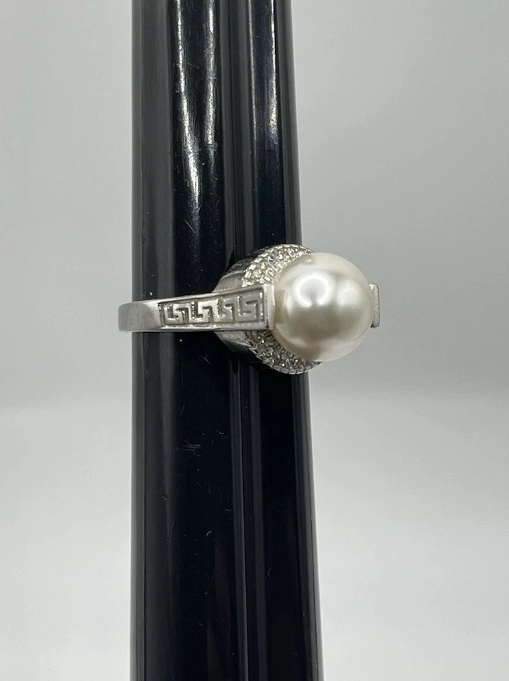 纯银镀复古风格人造珍珠戒指 方晶锆石 CZ 尺寸 7 — 第 3/4 张图片