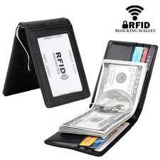 Money Clip RFID Front Pocket Wallet Men Genuine Leather Slim Minimalist Wallet