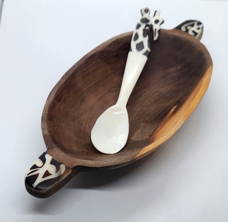 Kenyan hand-carved 4.25x3 Inches Rustic Giraffe Wood Bowl & Bone Spoon  