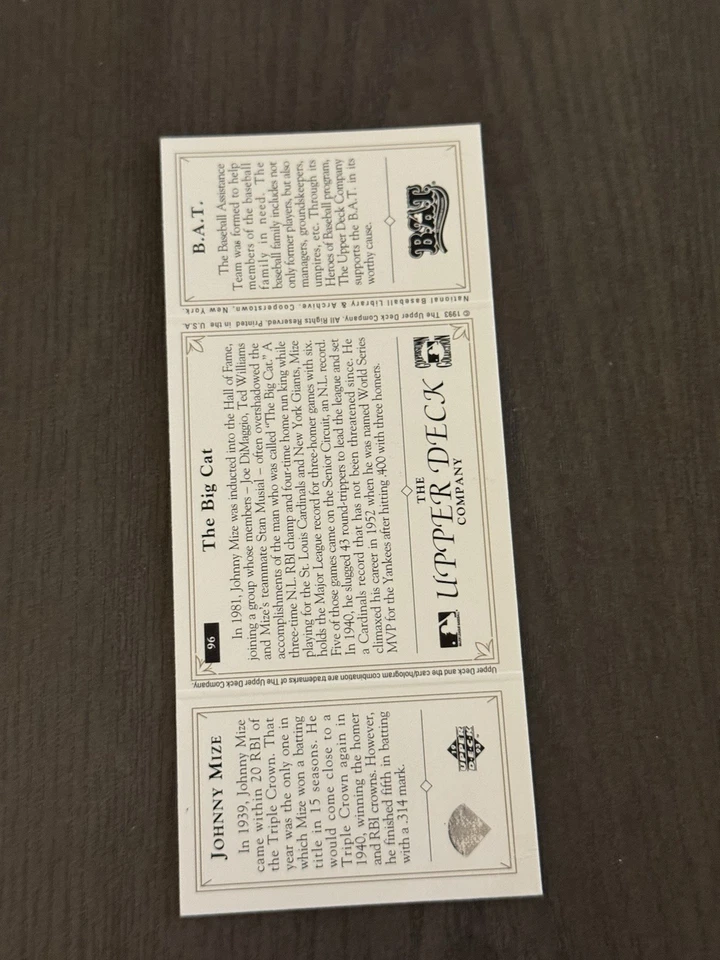 1993 Upper Deck BAT Triple-Folders #96 JOHNNY MIZE Baseball Card HOF - Image 2 of 2