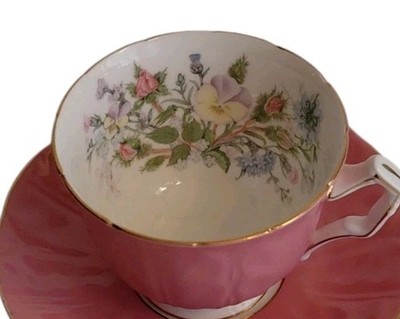 Rare Aynsley Wild Tudor Pink Oban Tea Cup & Saucer England Bone China Vtg Crown 