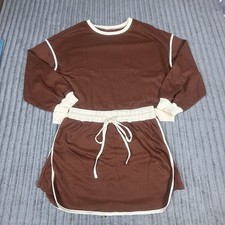 Women's 2-Piece Lounge Set Medium Brown Cream Contrast Piping Sweatshirt Shorts