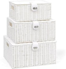 SET OF 3 RESIN WOVEN WICKER XMAS HAMPER BASKET STORAGE BOX WITH LID & LOCK GIFT