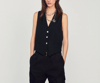 Sandro Paris Women's Black Rhinestones Buttons V-Neck Vest Size 34/XS SFPVE00811