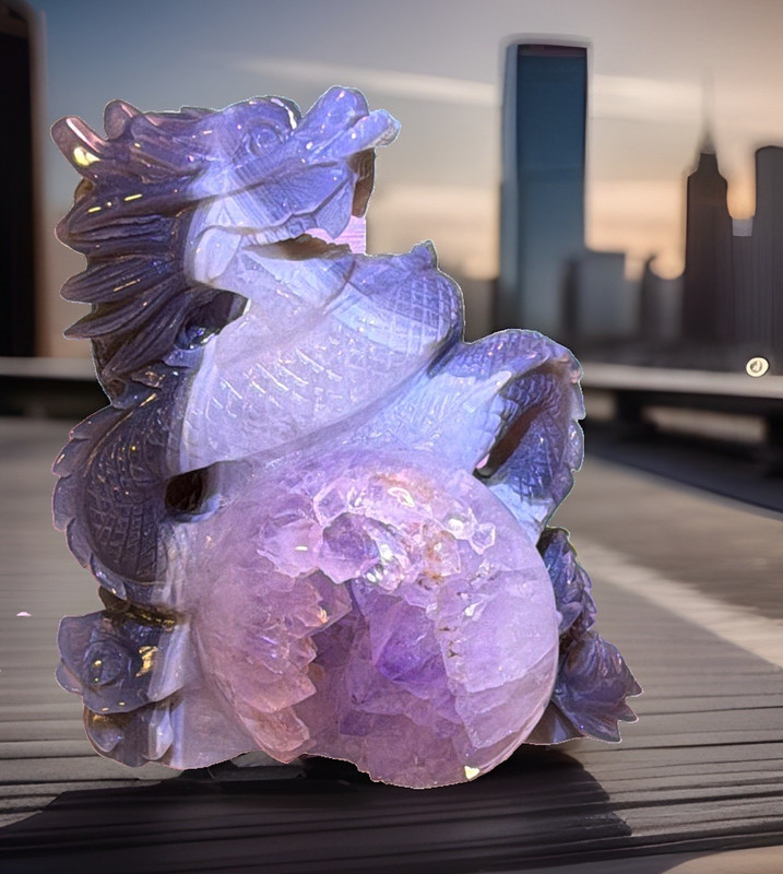 Purple Amethyst Geode Stone, Carved Dragon Figurine Sculpture w/ Druzy Pocket