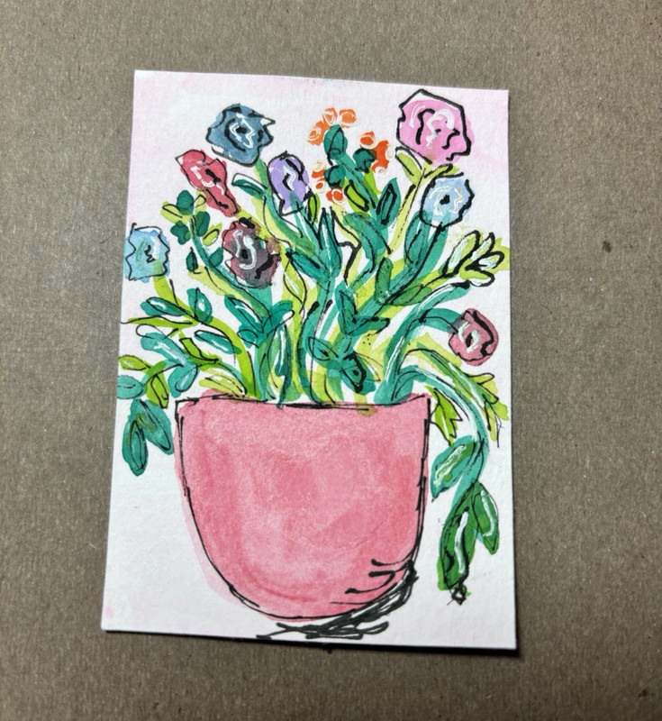 Watercolor Pink Flower Pot Still Life Painting, Small Paper Unframed Nature