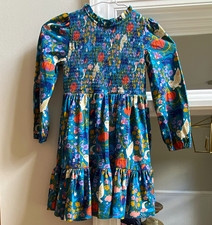 Mini Boden Girls Smocked Long Sleeve Fit  Flare Dress 5-6Y Blue Halloween