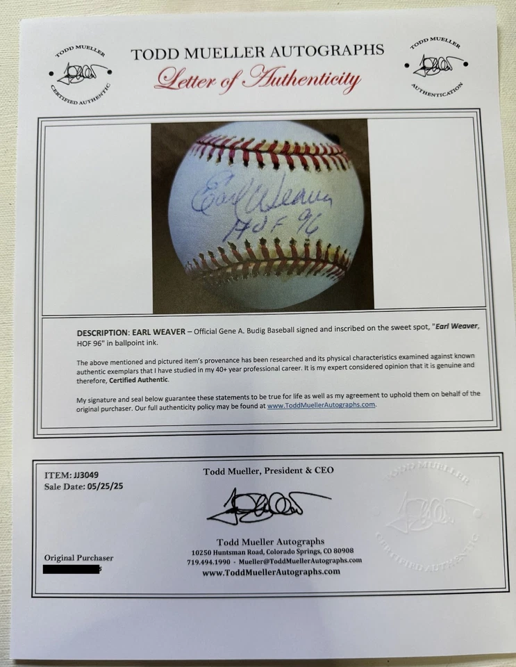 Бейсбольный мяч с автографом Эрла Уивера официальная Американская лига (OAL) HOF 96 - Изображение 3 из 3