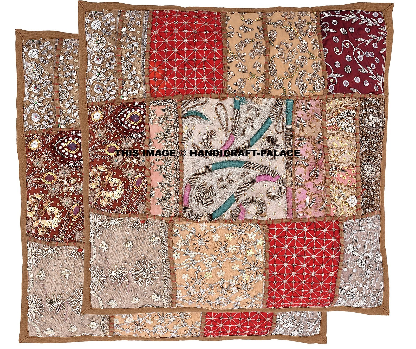 2 PC Brown Indien 16" Cushion Pillow Cover Handmade Patchwork Embroidered Throw