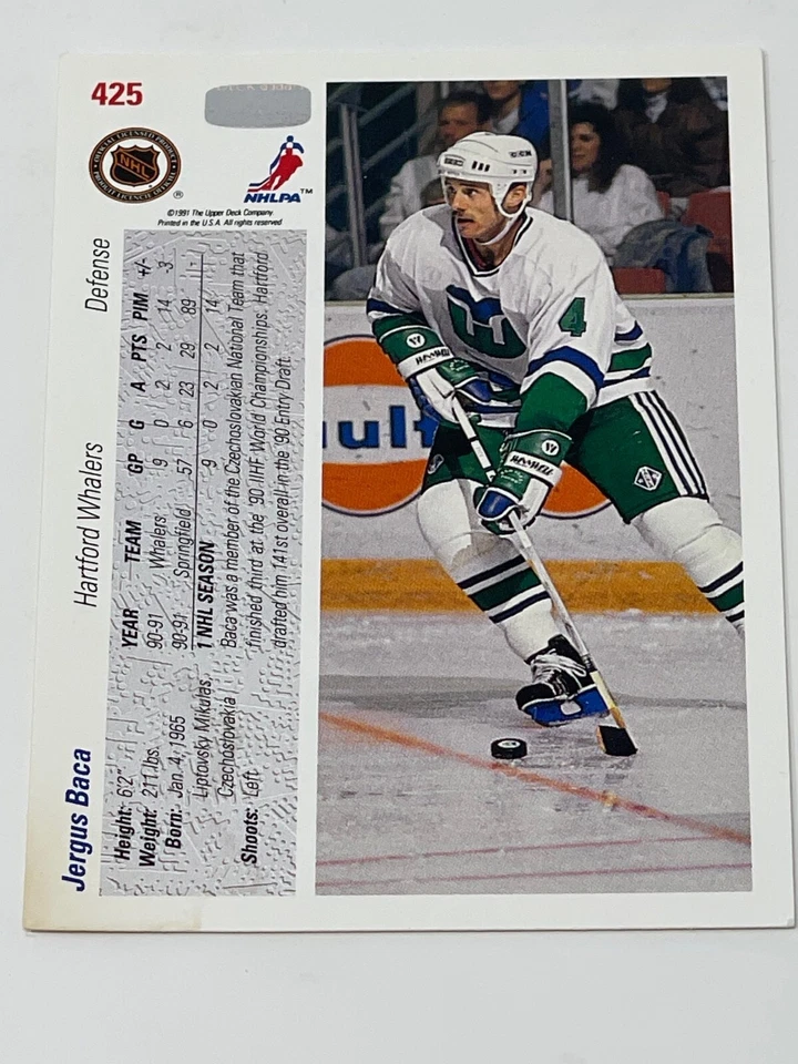 Jergus Baca-Upper Deck 91/92 Hockey, Defense,Hartford Whalers, Mint #425 (#222) - Image 3 of 3