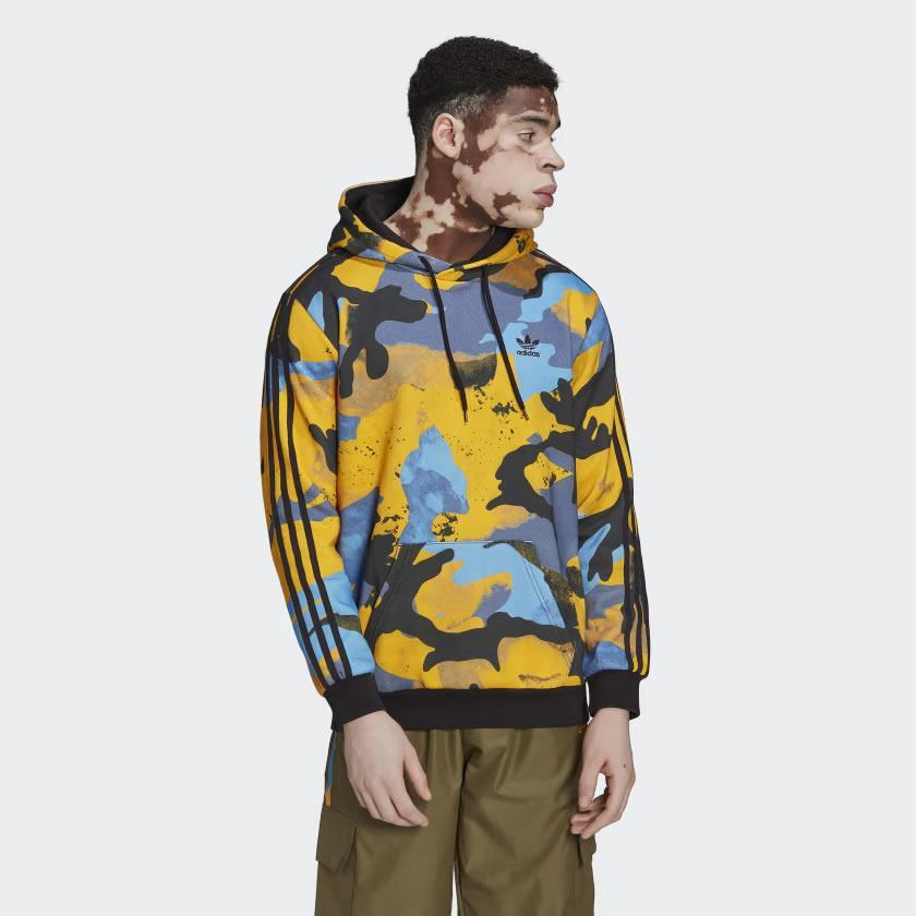 adidas ORIGINALS MEN'S CAMO TREFOIL HOODIE YELLOW RETRO COMFY NEW BNWT  LOUNGE OG