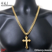 18-40"MEN Stainless Steel 9mm Gold Plated Cuban Chain Layer CZ Cross Pendant*146