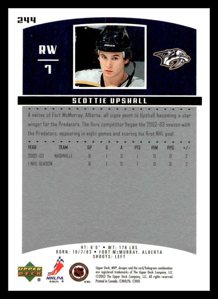 2003 Upper Deck MVP #244 Scottie Upshall Nashville Predators - Image 2 of 2