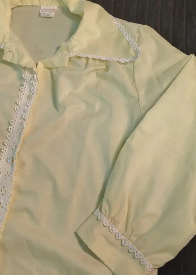 Camisa de vestir vintage Go Go años 60 cuello ancho amarillo ojales encaje carol brent 14/16 M Foto 2 de 4