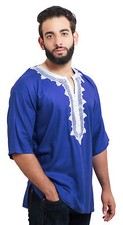 Moroccan Men Tunic Shirt Cafan Casual Handmade Embroidered Cotton Large Blue