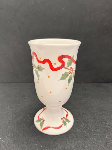 Sonoma Christmas Coffee Tea Latte Mug Holly Berries Red Ribbon Footed Pedestal - Picture 10 of 19