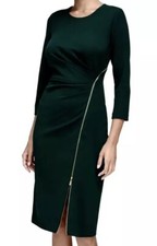 CALVIN KLEIN EXPOSED ZIPPER TRIM 3/4 SLEEVE SHEATH DRESS, MALACHITE, SIZE 6 NWT