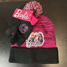 Barbie Beanie  Gloves Youth Pom Pink  Black 2 Piece Set