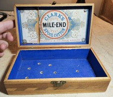 ANTIQUE CLARK'S MILE-END SPOOL COTTON THOMAS RUSSELL & CO. ADVERTISING WOOD BOX