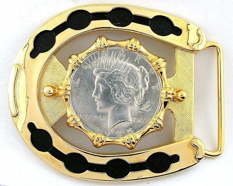 Gold Color Western Horseshoe 1925 Peace Silver Dollar Belt Buckle