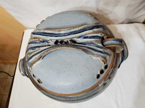 vintage art pottery signed glazed soup tureen w/ lid handles blue & brown laddle - Picture 5 of 10