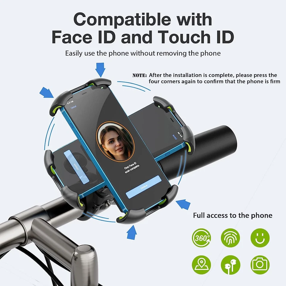 Soporte para teléfono de bicicleta, brazo de abrazadera de manillar de teléfono de motocicleta verde Foto 3 de 4