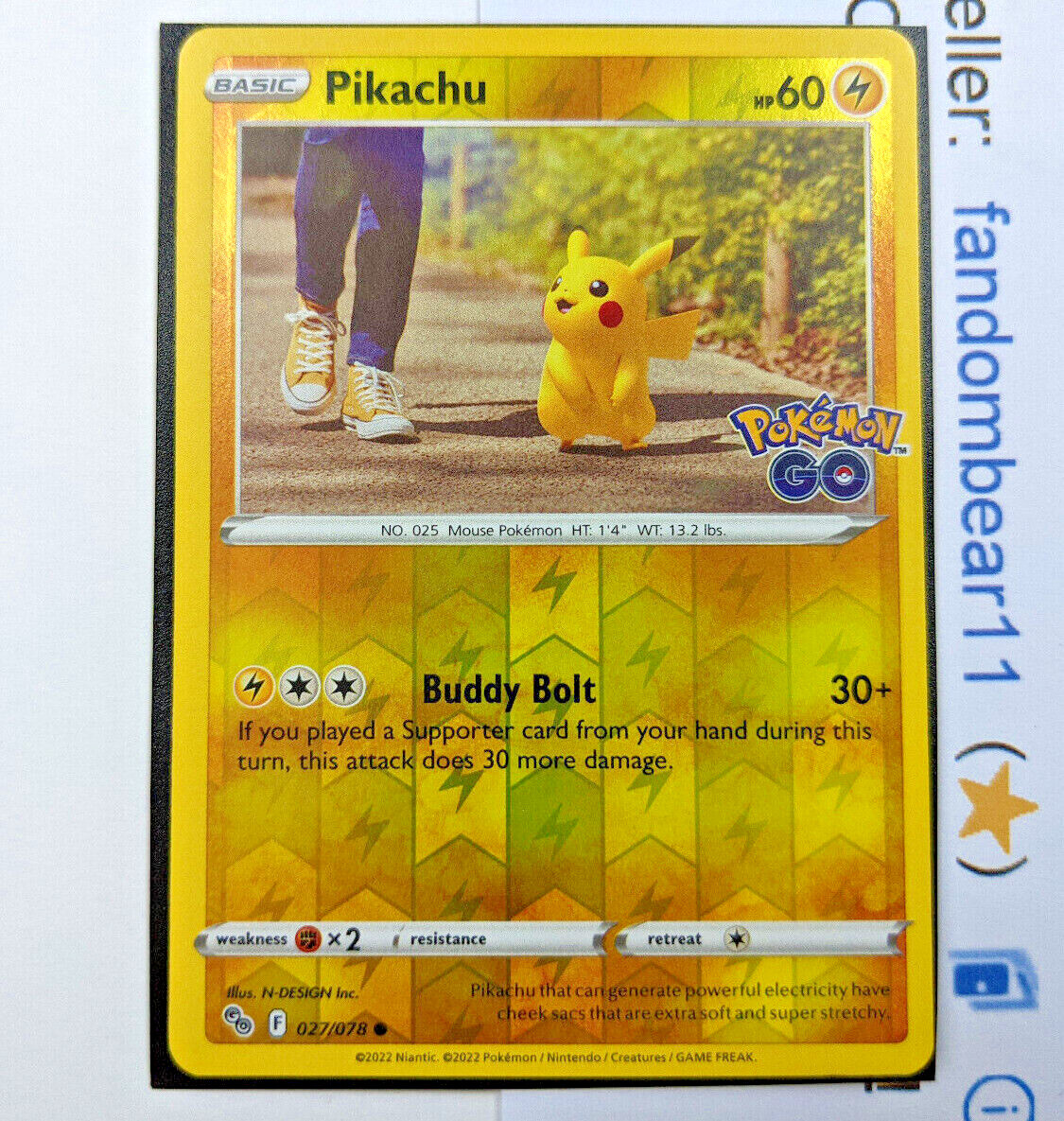 4.ピカチュウ PIKACHU REVERSE HOLO card 027/078 Sword & Shield Pokemon Go 2022