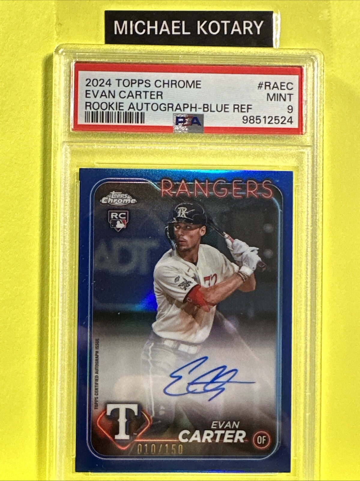 EVAN CARTER 2024 TOPPS CHROME TRUE BLUE AUTO PSA 9 10/150 Rangers Rookie Raec