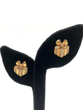 Vintage Avon Gold Tone Rhinestone Christmas Present Gift Earrings