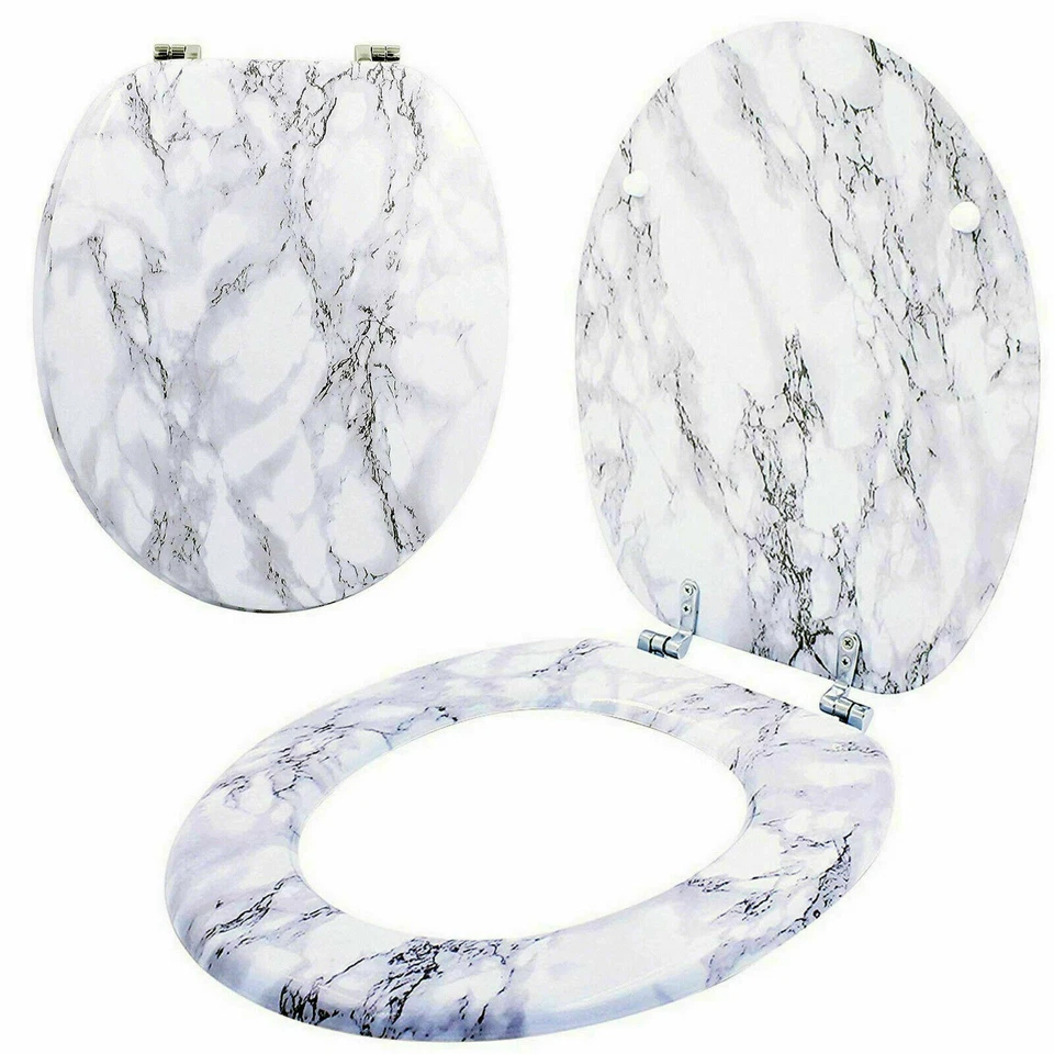 ANIKA MARBLE EFFECT TOILET SEAT WOOD MDF STRONG CHROME HINGES LOO SEAT WHITE MARBLE
