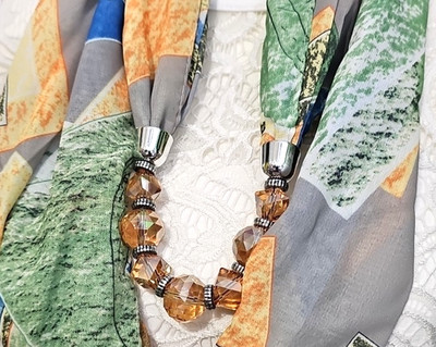 Jeweled Infinity Scarf Necklace Multicolors w/ Champagne Glass Beads & Silver