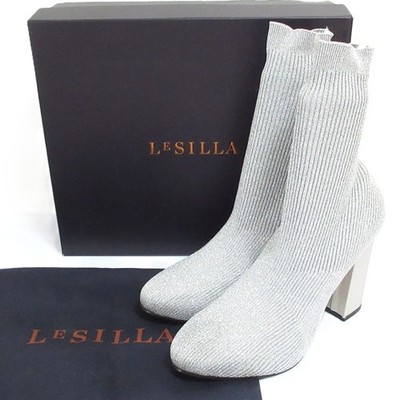 LE SILLA Lame Knit Short Boots, Size 40, Silver Women USED