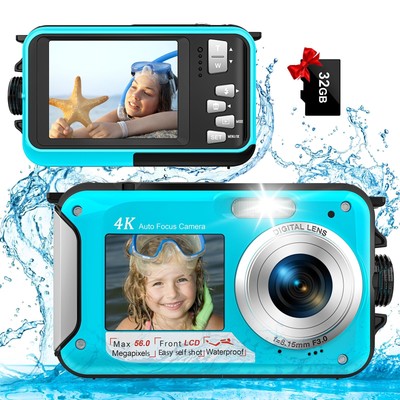 4K Underwater Camera 56MP Autofocus 11FT Waterproof Camera Dual-Screen Selfie...