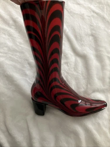 13"X10"High Heel Boot Italy Venetian Murano  Glass Boot ,Vase Red ,Black Swirl