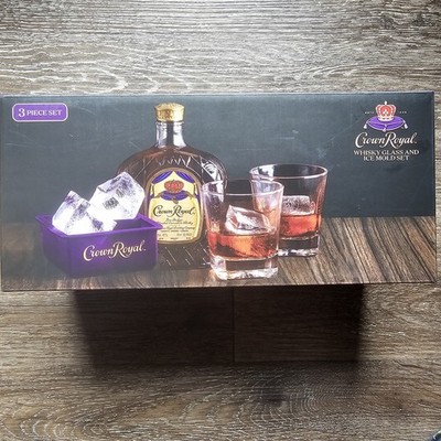 Crown Royal Etched 2 Whisky Glass and Square Ice Mold Set- 3 Piece Barware Gift