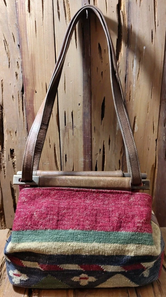 De Colección Kilim Bolso de Hombro Cartera Algodón Mezcla Lana Cuero Madera Doble Asa Azteca Foto 2 de 4