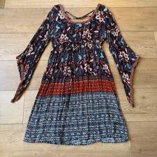 Womens Sm Dress Blue Red Embroidered Floral Boho Peasant Hippie Flutter Sleeve