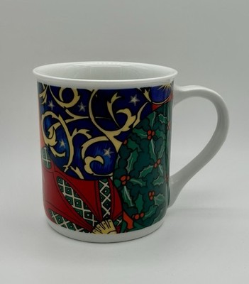 FireWorks Holiday Elegance Christmas Mug Holly Stars Blue Red Ceramic 3.75 