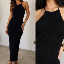 Windsor Black High Neck Lace Knit Scalloped Bodycon Maxi Dress Size XS