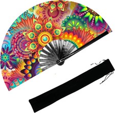 13'' UV Glow Large Rave Fan for Men Women, Decorative Folding Hand Fan for Party
