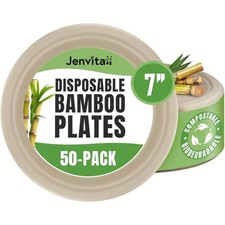 Bamboo Biodegradable Plates 50-Pack, 7-inch Sturdy Microwave Safe Hea...