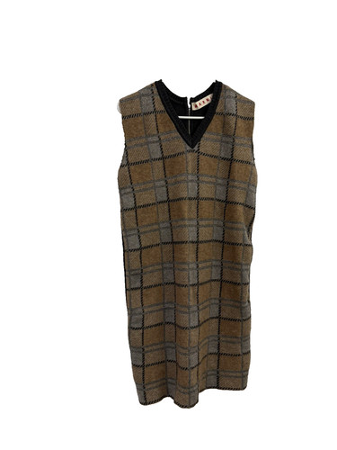 Marni Size 40 Plaid Checkered Beige Midi Wool Mohair Dress V Neck