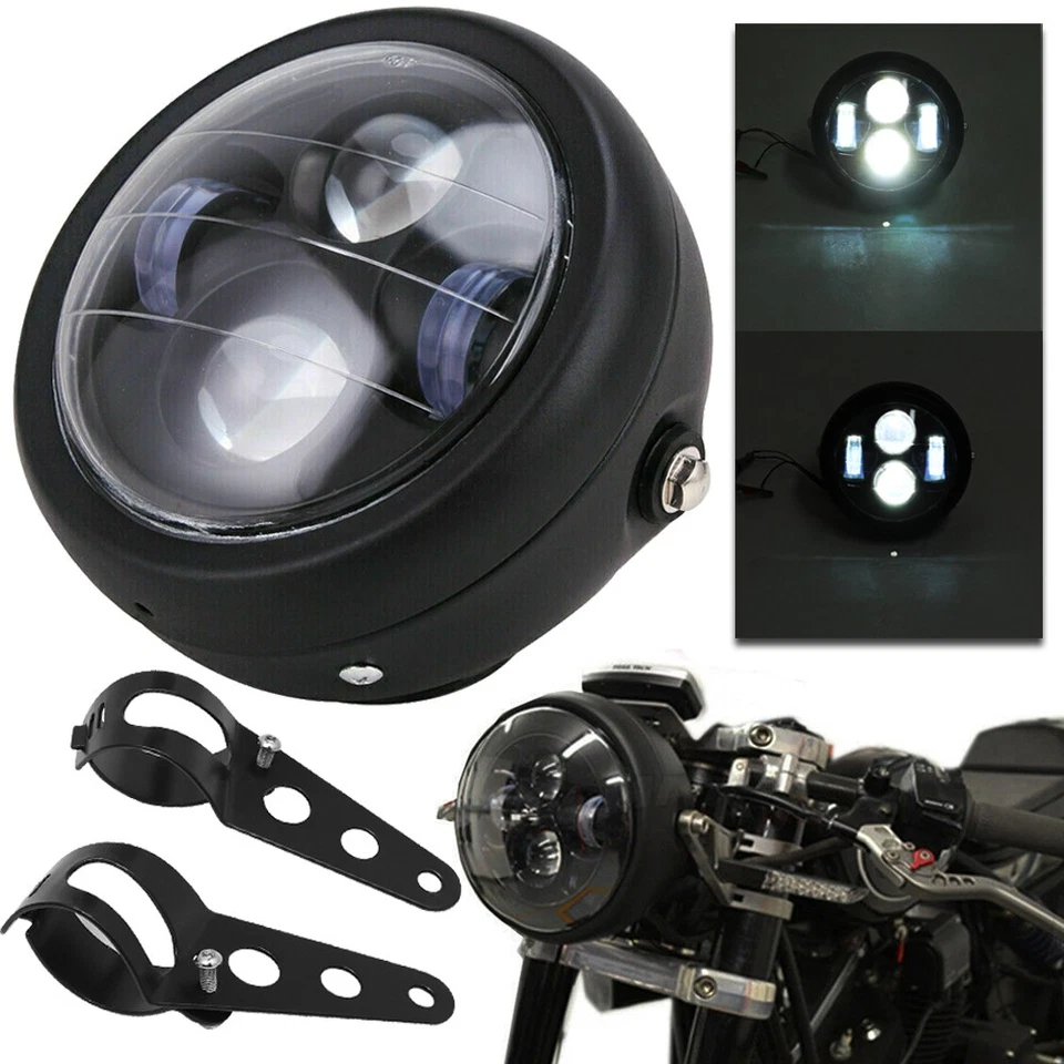 Retro Style 6.5" Motorcycle LED Headlight Cafe Racer Bobber Side Mount Bracket - Image 3 of 4
