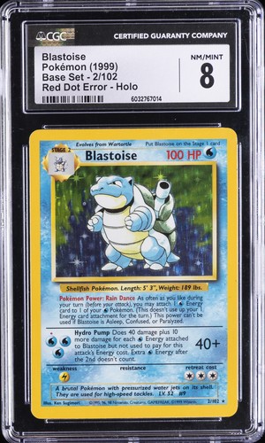 1999 POKÉMON BASE SET RED DOT ERR HOLO #2/102 BLASTOISE CGC 8