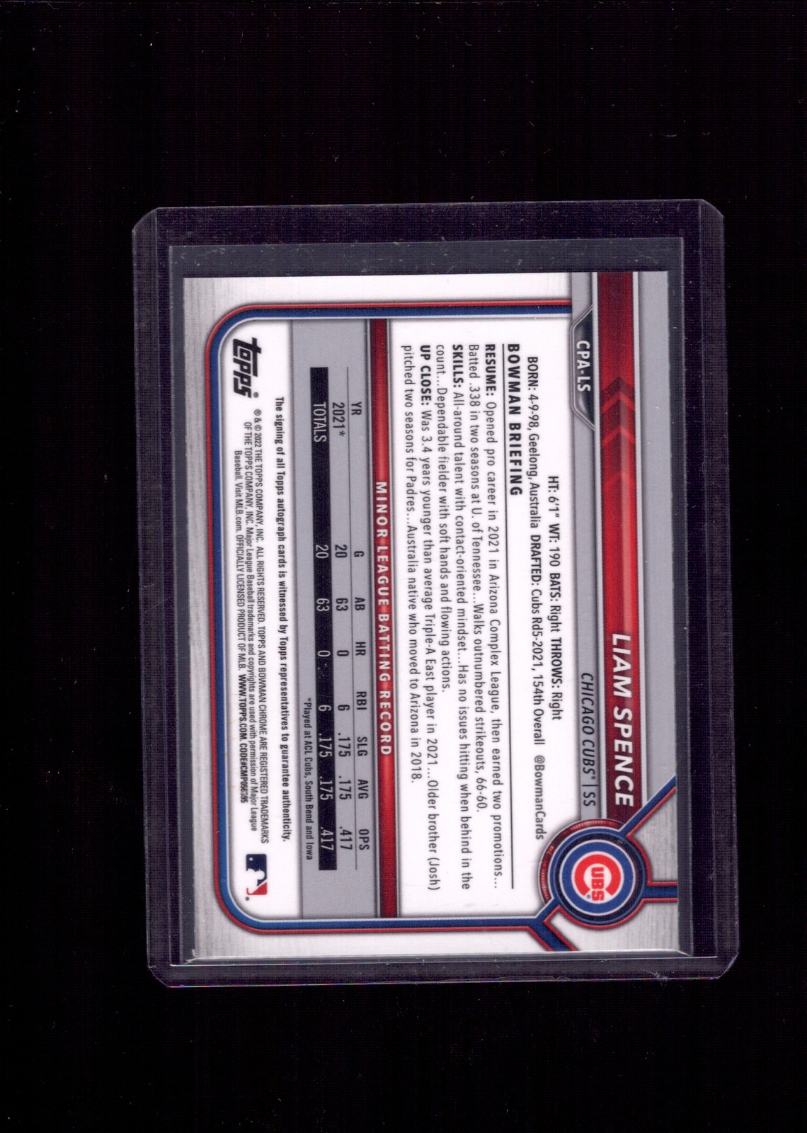 2022 Bowman Chrome Liam Spence Autographs Speckle Refractor #/299 view 2