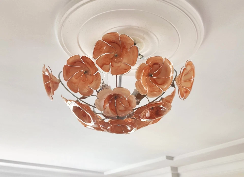 Vintage 1980s Brown Murano Glass Flower Chandelier - Image 2 of 4