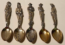5 Sterling Silver 3D Souvenir Spoons Cowboys Indians & Miner Figural