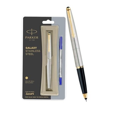 Parker Galaxy Stainless Steel Gold Trim Roller Ball Pen BLUE INK FREE SHIPPING