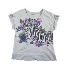 Style & Co Sport Top Women's M Gray Zebra Purple Flowers Rolled Cuff Bling
