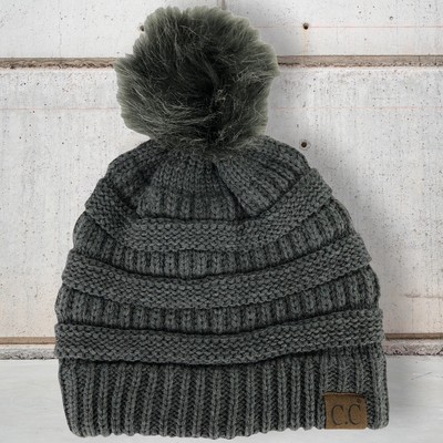 CC Beanie Faux Fur Pom Pom Toboggan Hat 